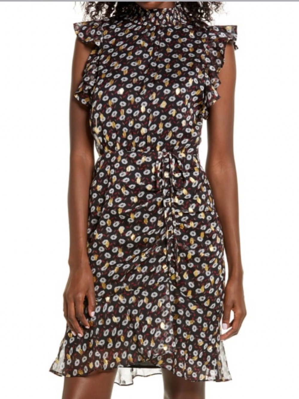 Sam Edelman metallic floral print chiffon dress with a ruffled neckline size 12